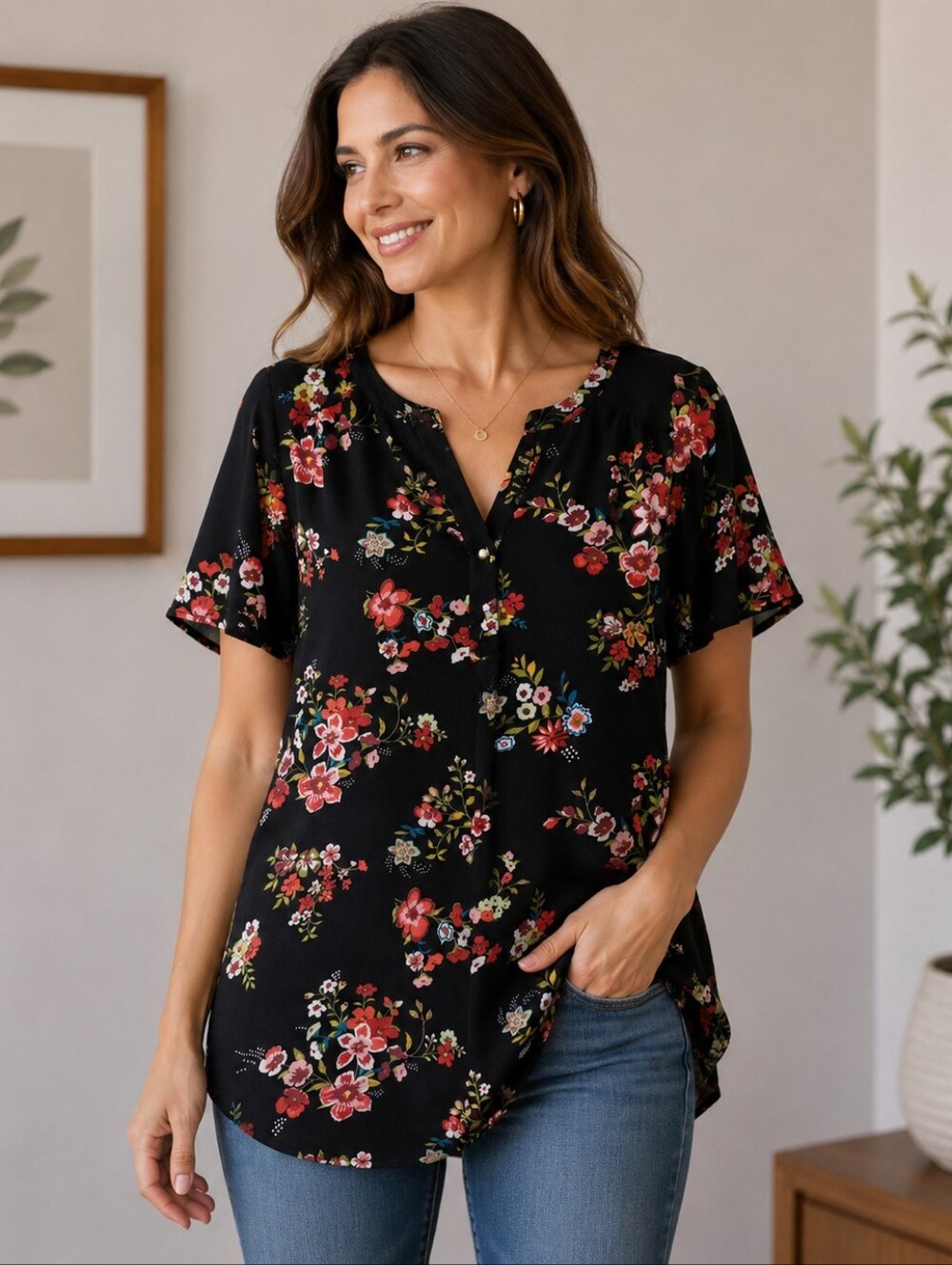 Tempted Hearts Black Floral V-Neck Tunic with Red, Pink & Green Accents #124